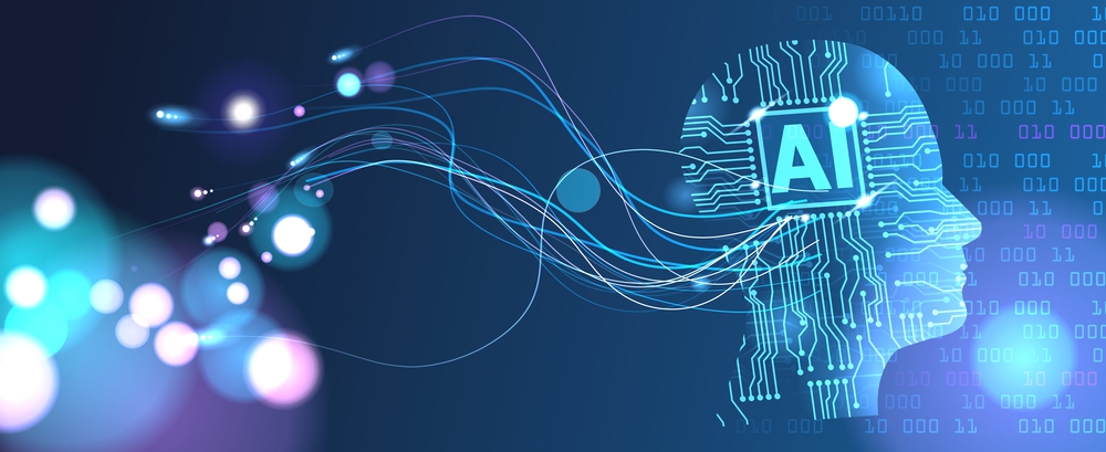 Artificial intelligence in humanoid head with neural network thinks. big data, analysis information. Face of cyber mind. Technology background concept
